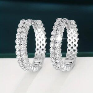 14K White Gold Small 2 Row 1ct Diamond Hoop Womens Earrings 14K Silver Jewelry